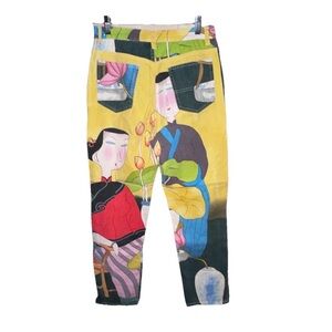 Chico's Yellow Multi-Color Asian Figures Print Women's Pants Art Jeans W 30